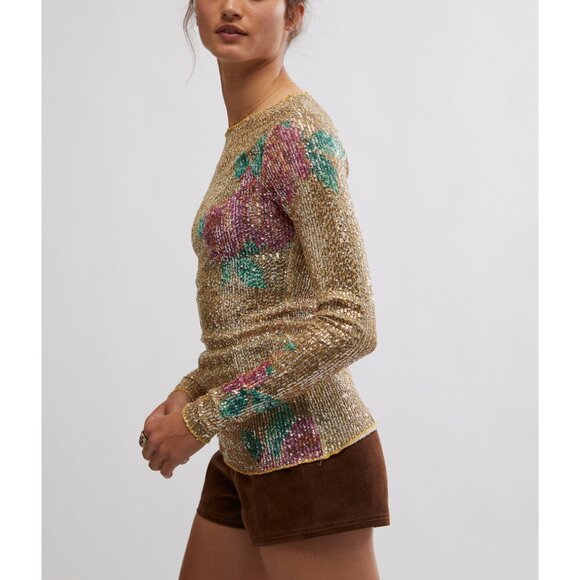 Free People Gold Sequin Long Sleeve Top - Picture 2 of 6